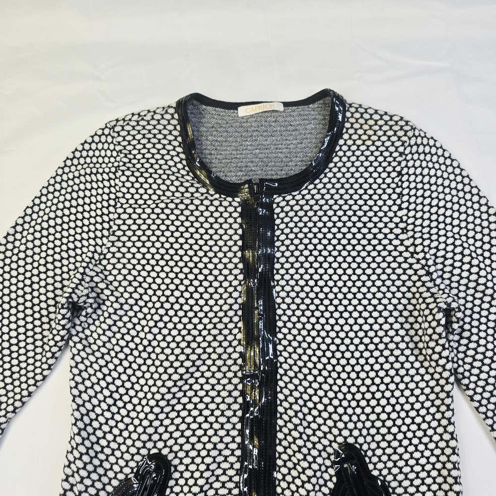 Caprice Honeycomb Knit Zip Front Cardigan Women's Large Black White Patent Trim - Picture 9 of 9